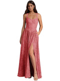 Jacquard Floral Lace Wedding Guest Dress Long Slit A Line Bridesmaid Dresses with Pockets Formal Gown
