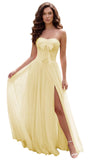 Strapless Chiffon Bow Prom Dresses 2026 Corset Chiffon Pleated A Line Formal Dress