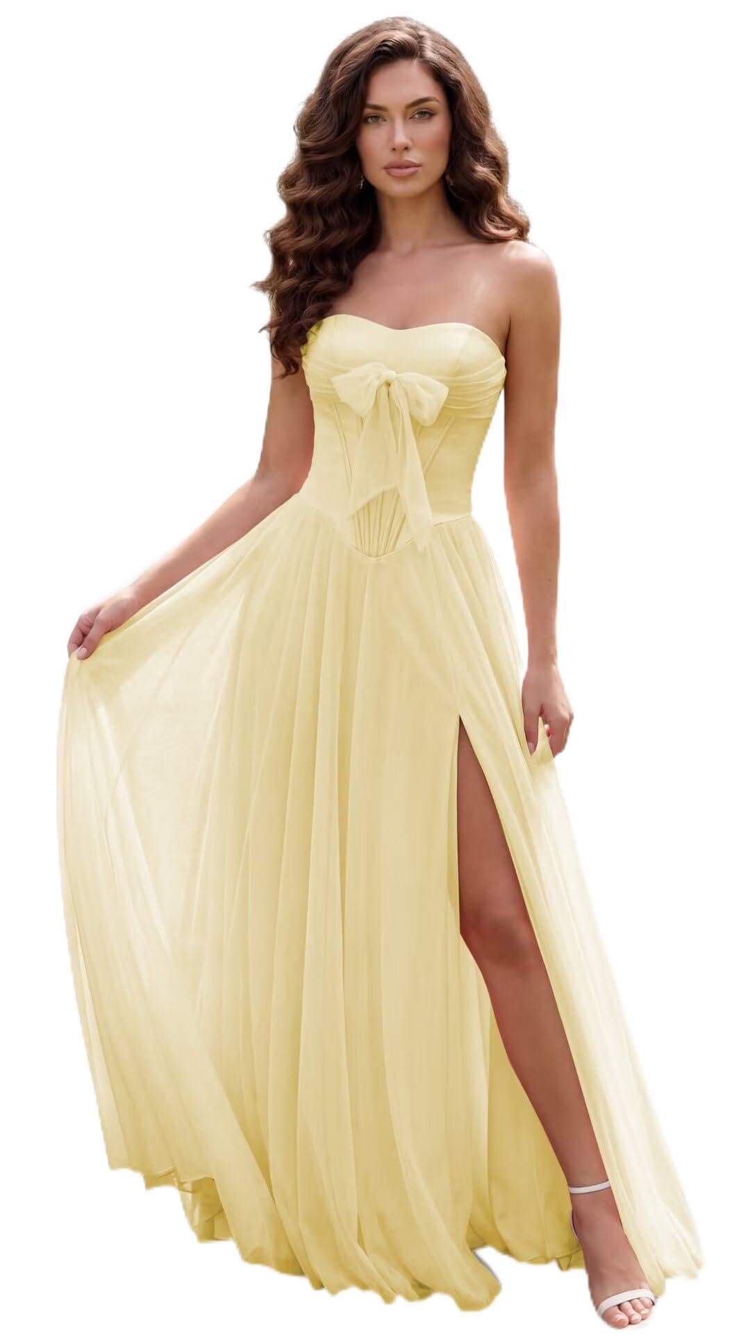 Strapless Chiffon Bow Prom Dresses 2026 Corset Chiffon Pleated A Line Formal Dress