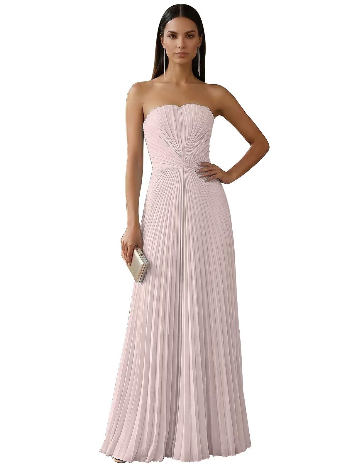 Strapless Prom Dresses for Women Long A Line Cocktail Dress Pleated Chiffon Formal Wedding Guest Dress