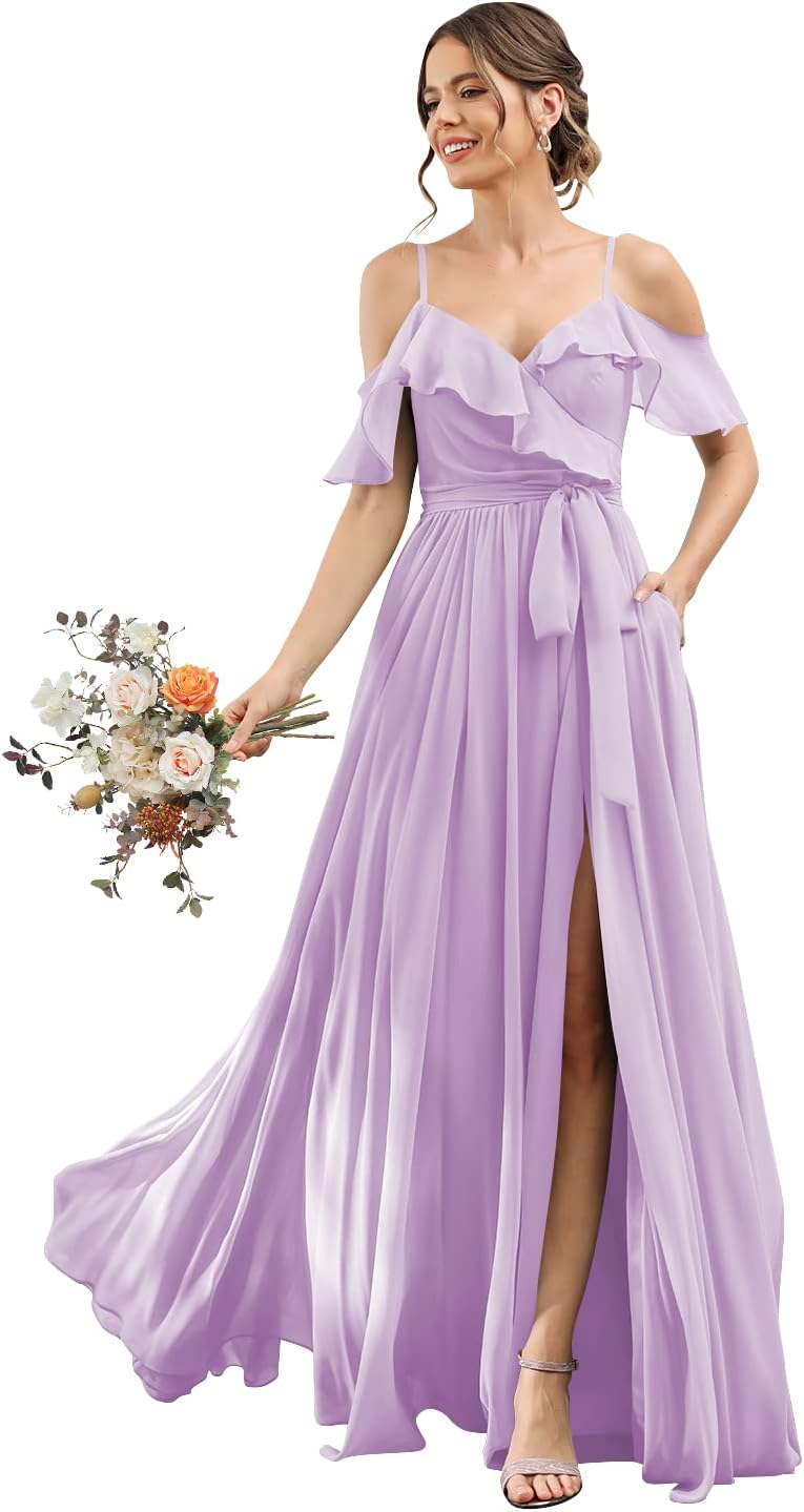 Women's Bridesmaid Dresses with Slit Long Cold Shoulder Chiffon Formal Party Dress with Pockets