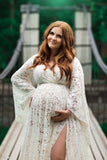 Women's Lace Maternity Dress for Photoshoot Long Puffy Sleeves V Neck Boho Pregnancy Gown for Baby Shower with Slit