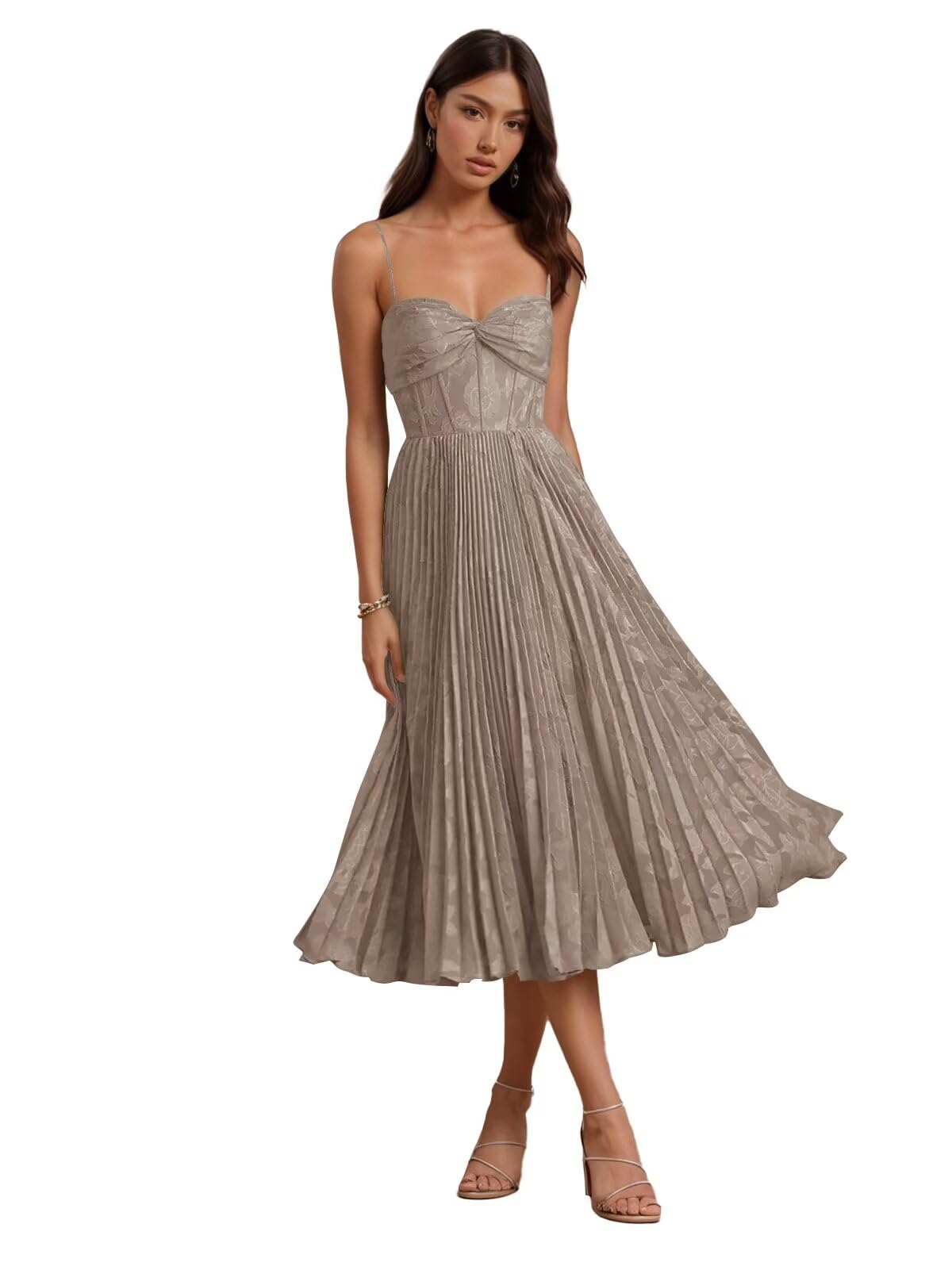 Floral Satin Midi Wedding Guest Dresses Pleated Tea Length Formal Evening Party Gowns
