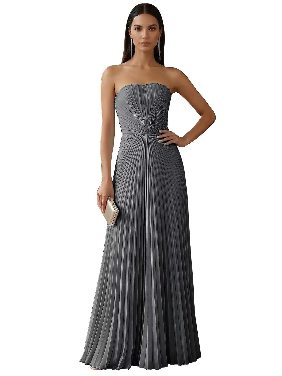 Strapless Prom Dresses for Women Long A Line Cocktail Dress Pleated Chiffon Formal Wedding Guest Dress