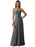 Ruched Strapless Prom Dresses for Women Long A Line Cocktail Dress Pleated Chiffon Formal Wedding Guest Dress