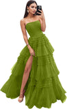 Strapless Tiered Tulle Prom Dresses for Women 2027 Long Sparkly A-Line Formal Evening Party Ball Gowns with Slit