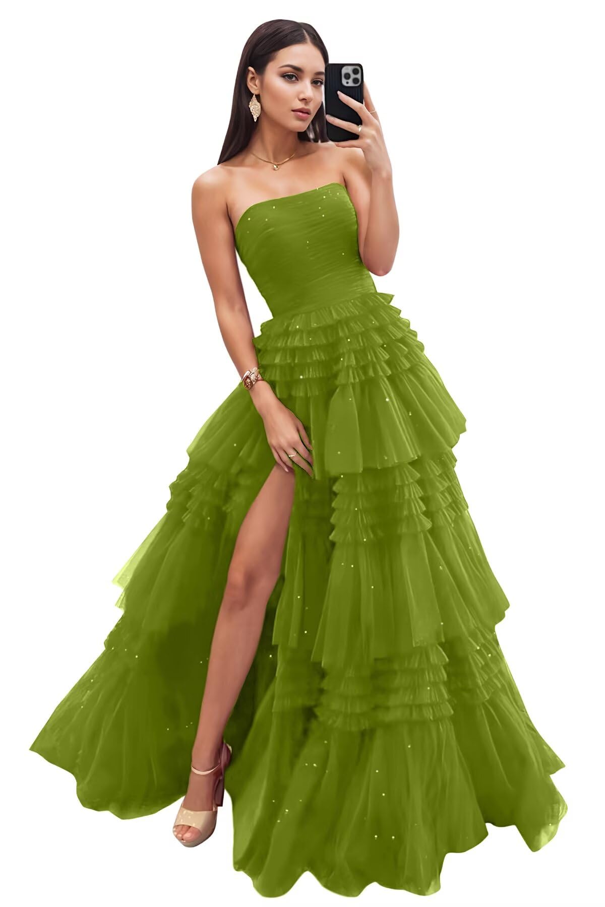 Strapless Tiered Tulle Prom Dresses for Women 2027 Long Sparkly A-Line Formal Evening Party Ball Gowns with Slit