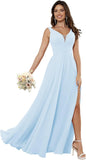Vestidos de dama de honor sencillos de gasa para mujer con bolsillos, vestidos formales largos con escote en V y abertura 