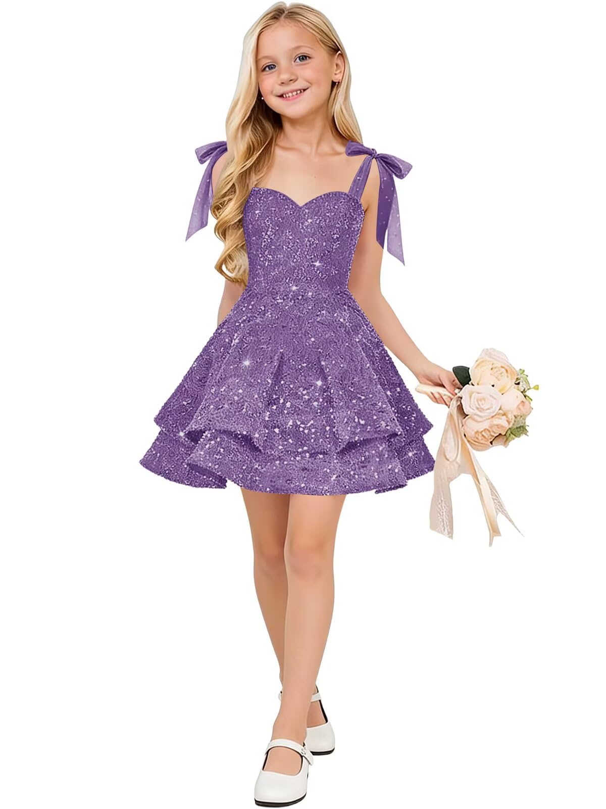Sparkly Sequin Flower Girl Dress Tiered Cute Bow Spaghetti Straps Sweetheart Toddler Formal Dresses 2026