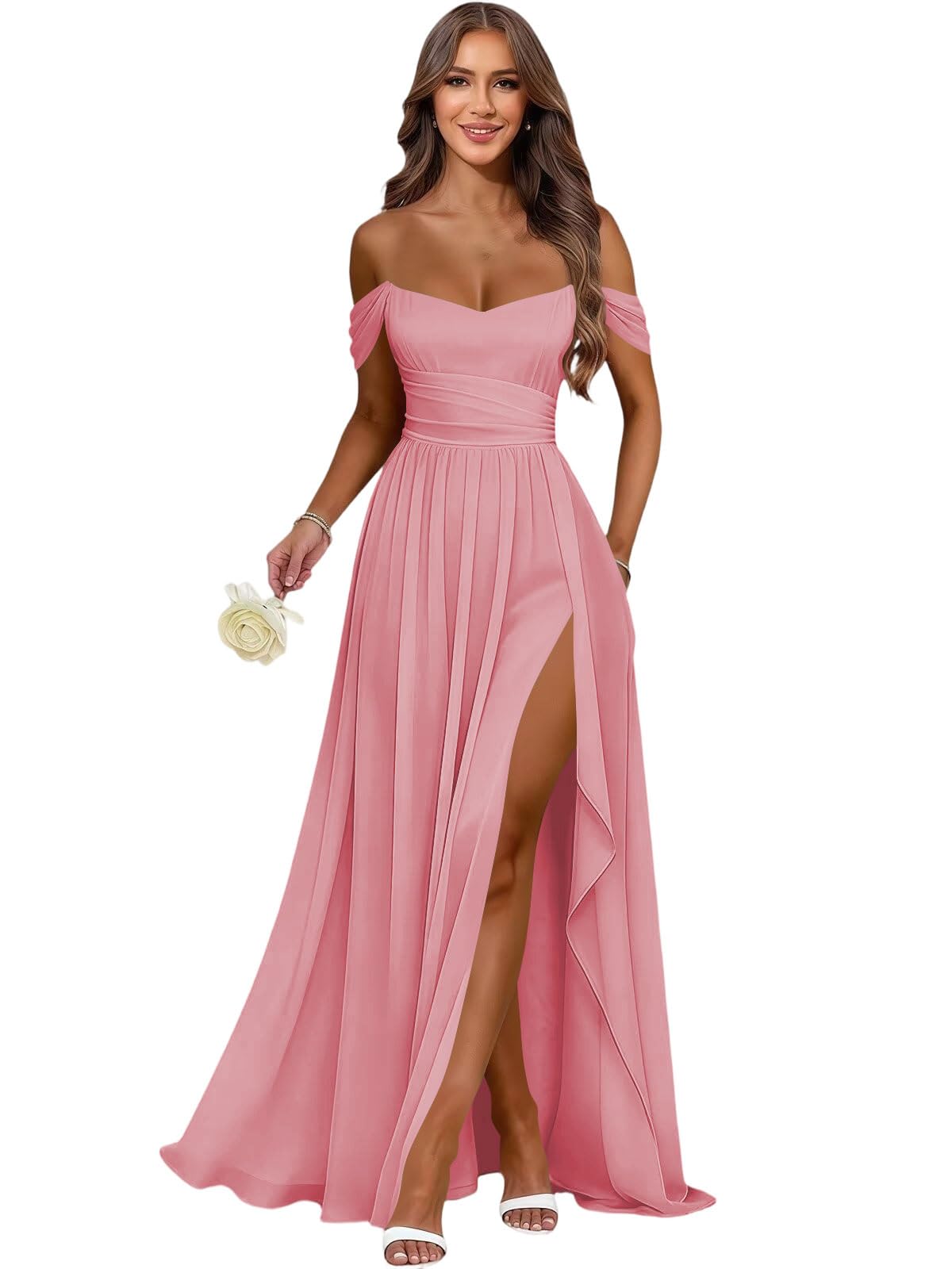 Women's Long Chiffon Bridesmaid Dresses with Slit Off Shoulder A-Line Formal Prom Evening Gown Maxi Wedding Guest Dress