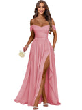 Women's Long Chiffon Bridesmaid Dresses with Slit Off Shoulder A-Line Formal Prom Evening Gown Maxi Wedding Guest Dress