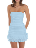 Women's Sexy Tube Top Bodycon Mini Dress Strapless Ruffle Bow Back Ruched Party Short Dresses