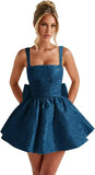 Jacquard Satin Homecoming Dresses for Teens Spaghetti Straps Short Prom Dress A-line Cocktail Party Gowns with Bow