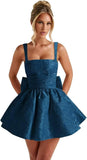 Jacquard Satin Homecoming Dresses for Teens Spaghetti Straps Short Prom Dress A-line Cocktail Party Gowns with Bow