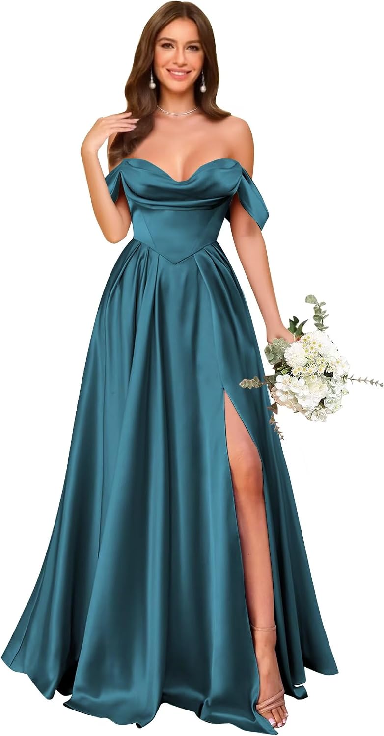 Off Shoulder Satin Bridesmaid Dresses Long Pleated Formal Dresses A Line Evening Gowns with Slit