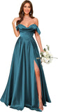 Off Shoulder Satin Bridesmaid Dresses Long Pleated Formal Dresses A Line Evening Gowns with Slit