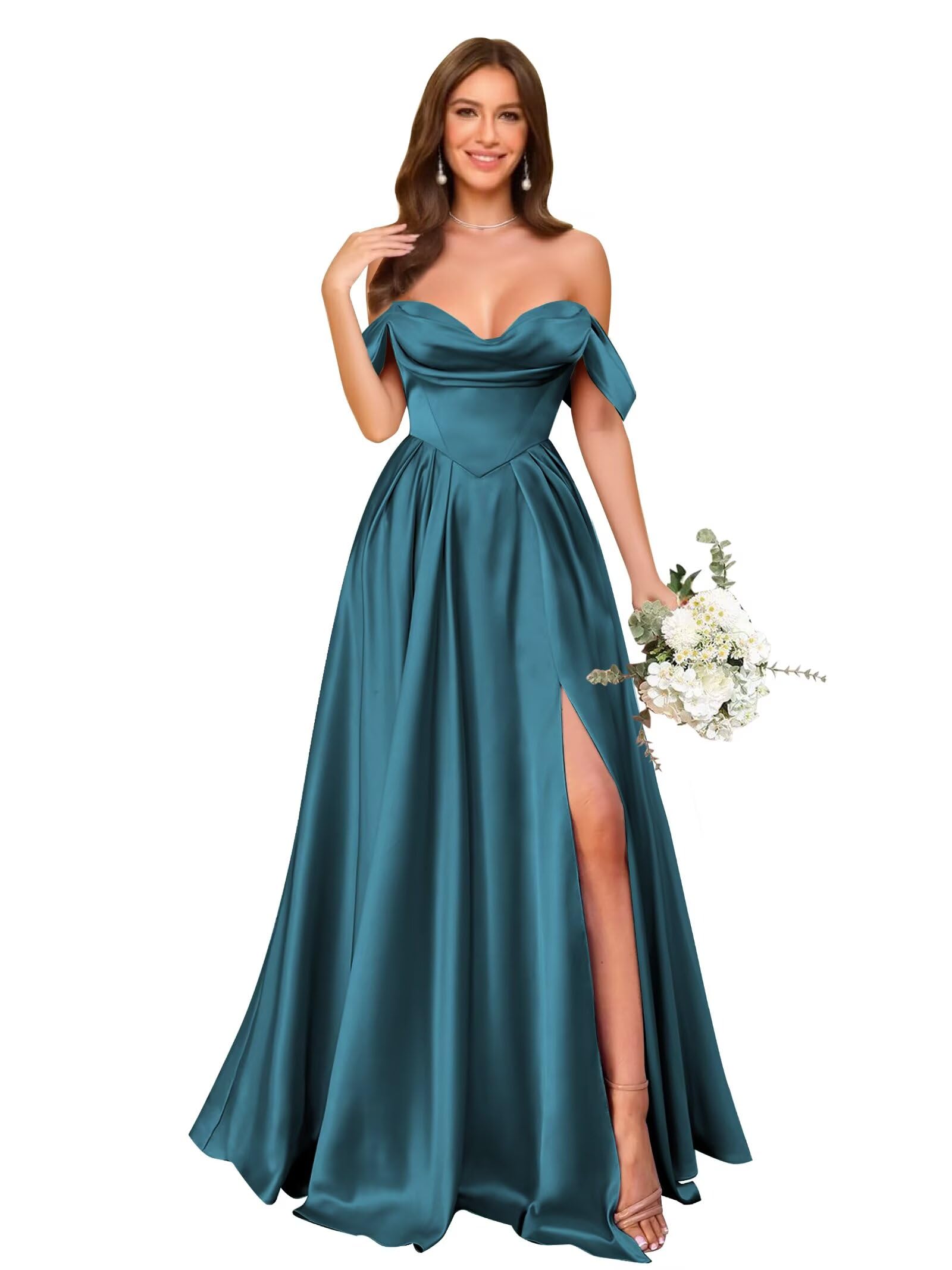 Off Shoulder Satin Bridesmaid Dresses Long Pleated Formal Dresses A Line Evening Gowns with Slit