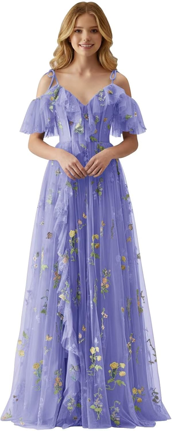 Fairy Tulle Junior Bridesmaid Dresses for Teen Girls Long Flower Embroidery Formal Prom Gown with Slit