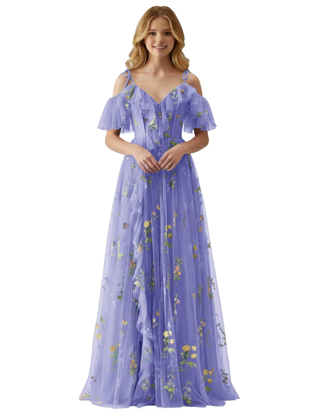 Fairy Tulle Junior Bridesmaid Dresses for Teen Girls Long Flower Embroidery Formal Prom Gown with Slit