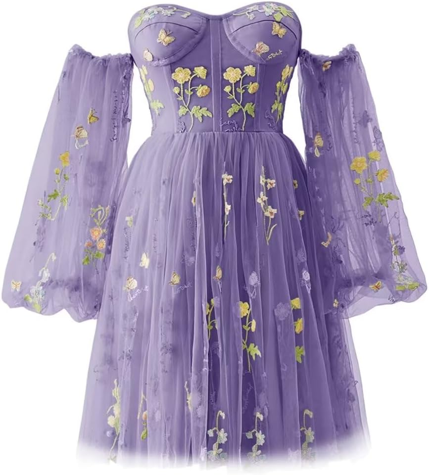 Vestidos de fiesta para mujer, cortos, con hombros descubiertos, bordados florales, de tul, formales, para fiesta de graduación 