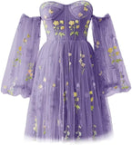Vestidos de fiesta para mujer, cortos, con hombros descubiertos, bordados florales, de tul, formales, para fiesta de graduación 