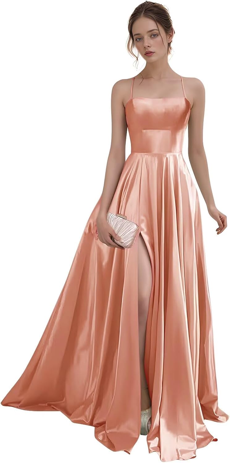 Women's Satin Prom Dresses with Slit Strapless A Line Corset Ball Gowns Spaghetti Straps Formal Evening Gowns with Pockets