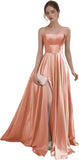 Women's Satin Prom Dresses with Slit Strapless A Line Corset Ball Gowns Spaghetti Straps Formal Evening Gowns with Pockets