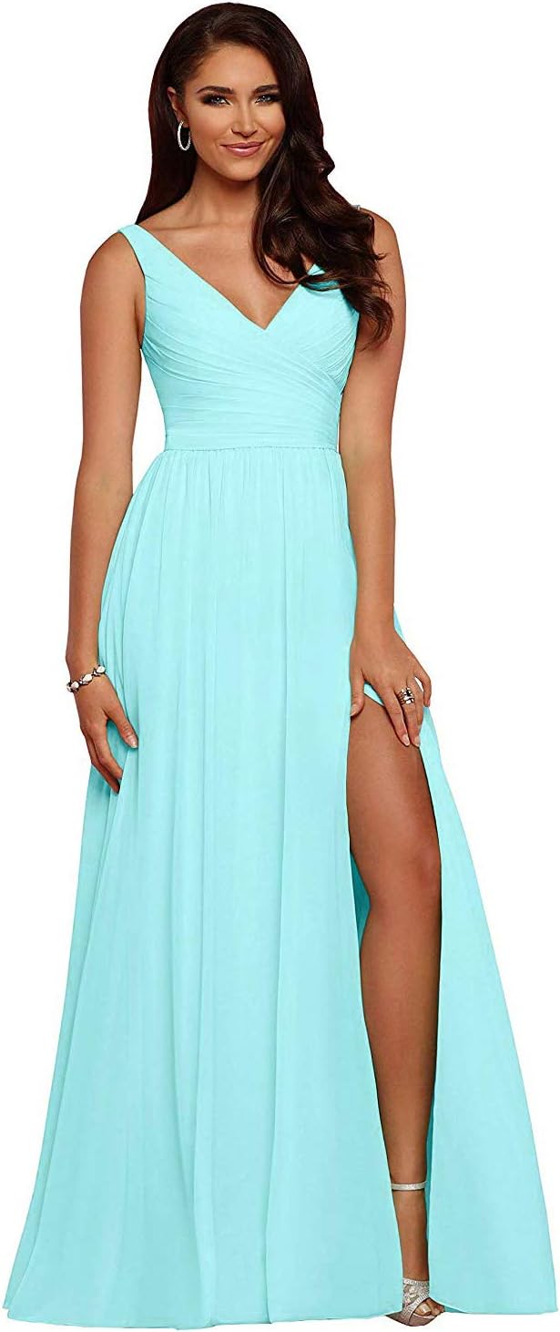 V Neck Chiffon Bridesmaid Dresses for Wedding 2027 Long Pleated Sleeveless Formal Prom Evening Gowns with Slit