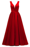 Glitter Satin Prom Dresses for Women Long V Neck A-Line Pleated Formal Evening Party Gowns with Pockets