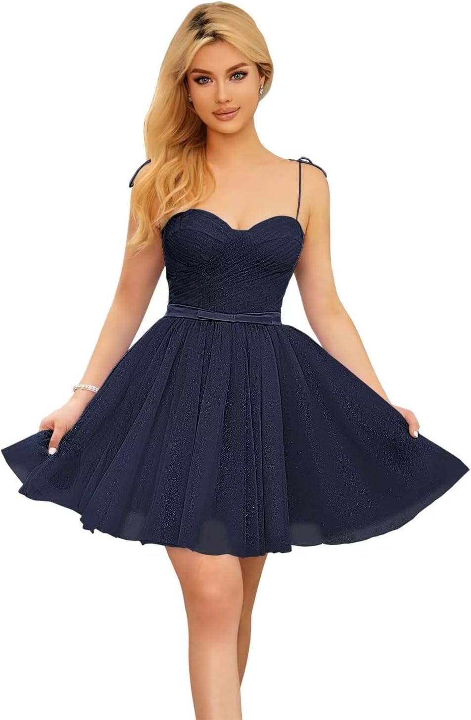 Vestidos cortos de tul brillante para adolescentes, con tirantes finos y corte en A, para fiesta de graduación.