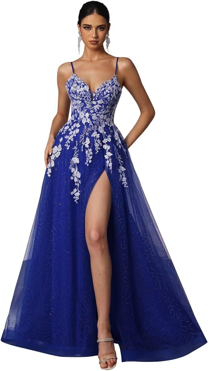 Tulle Prom Dresses 2027 Puffy Ball Gown for Women Formal V Neck Lace Appliques Evening Gown with Slit Long Homecoming Dress
