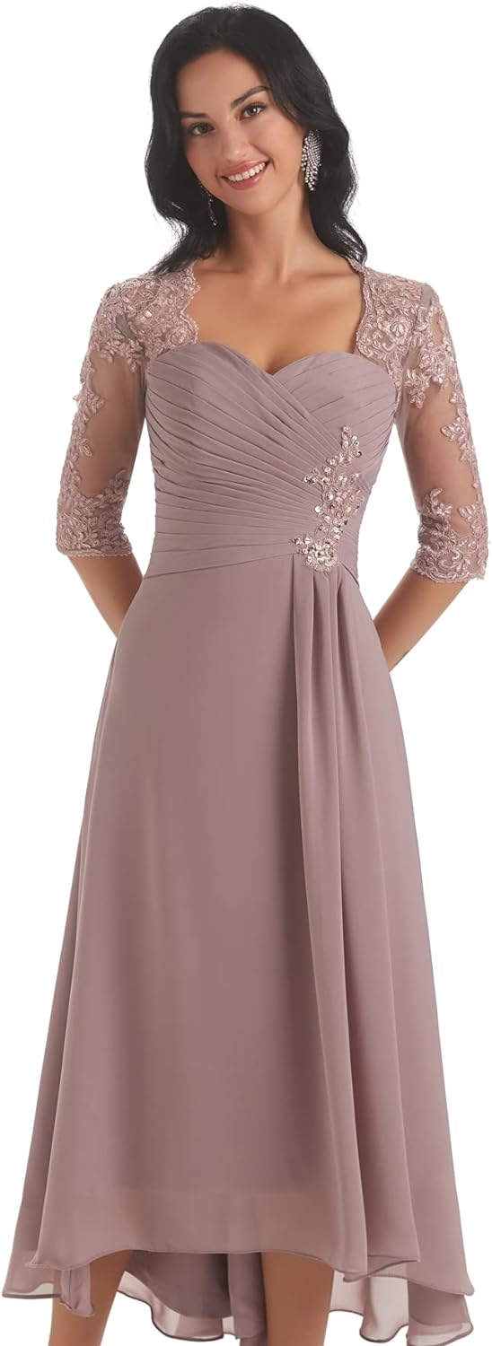 Women's Tea Length Mother of The Bride Dresses for Wedding Short Sleeves Lace Applique Formal Evening Prom Gowns