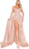 Women's Off Shoulder Mermaid Prom Dresses Long with Slit Pleates Wrap Satin Formal Evening Gowns