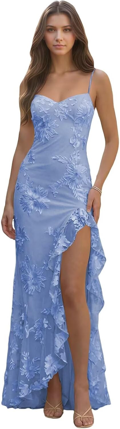 Spaghetti Straps Floral Embroidery Mermaid Prom Dress 2026 Long Corset Formal Evening Gowns with Ruffle Slit