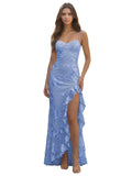 Spaghetti Straps Floral Embroidery Mermaid Prom Dress 2026 Long Corset Formal Evening Gowns with Ruffle Slit
