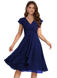 Short Chiffon Bridesmaid Dresses for Women V Neck Flutter Sleeves Ruffle Formal Cocktail Gowns with Pockets