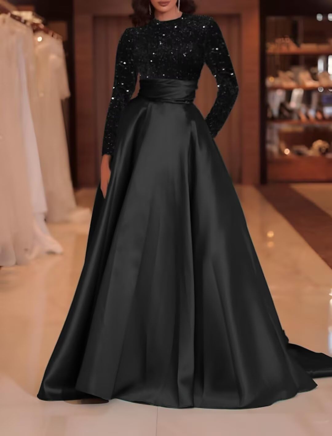 Kingbridal Gowns Long Sleeve Sequin Prom Dresses for Women Satin A-line Formal Dress 2026 Sparkly Evening Party Gowns with Pockets