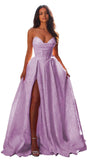 Jacquard Satin Prom Dresses with Slit Strapless Corset A Line Long Formal Gowns