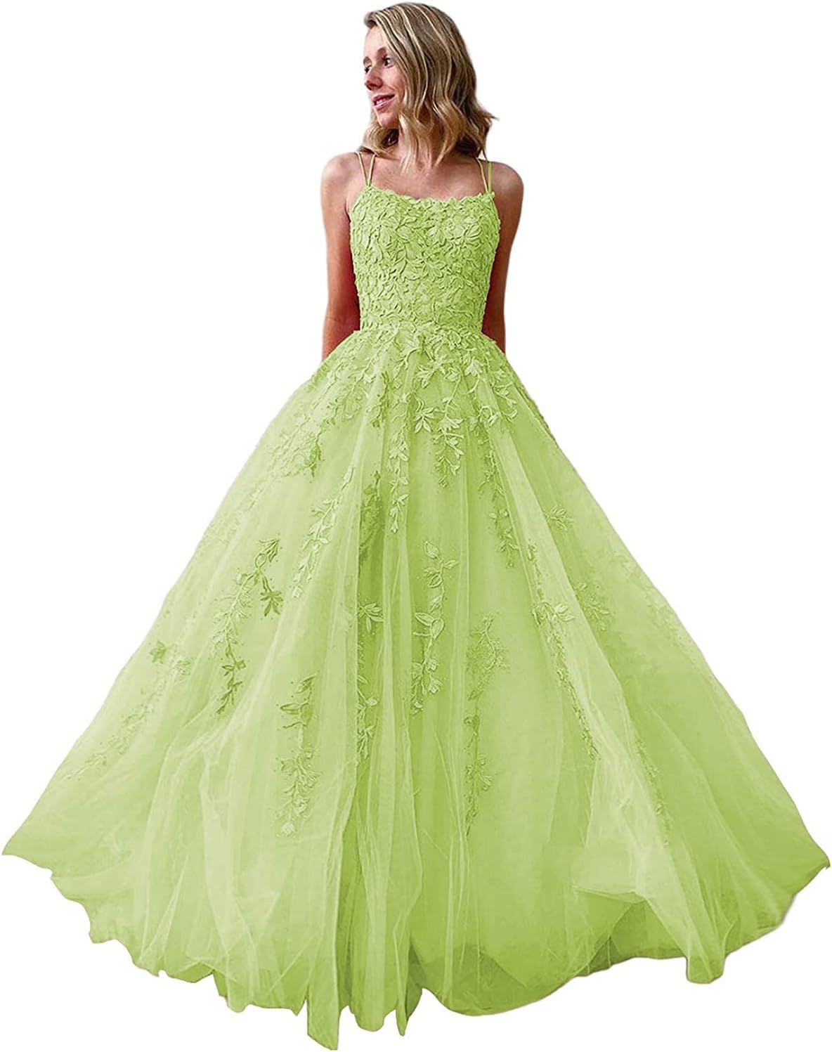 Ballkleider, langes Ballkleid für Damen, Spaghettiträger, Tüll, A-Linie, sexy, rückenfrei, formelle Partykleider mit Taschen 