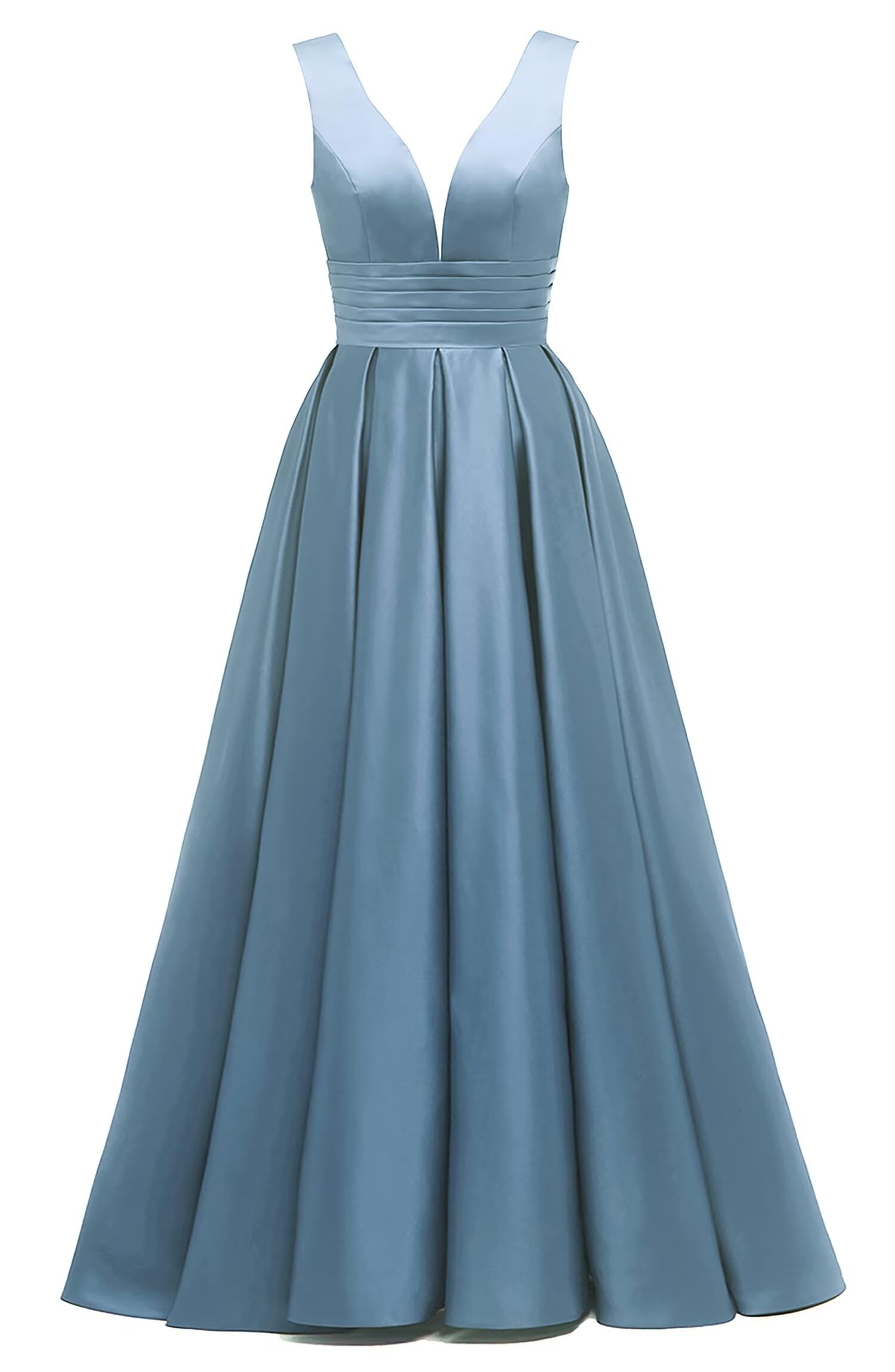 Glitter Satin Prom Dresses for Women Long V Neck A-Line Pleated Formal Evening Party Gowns with Pockets