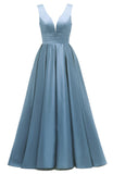 Glitter Satin Prom Dresses for Women Long V Neck A-Line Pleated Formal Evening Party Gowns with Pockets