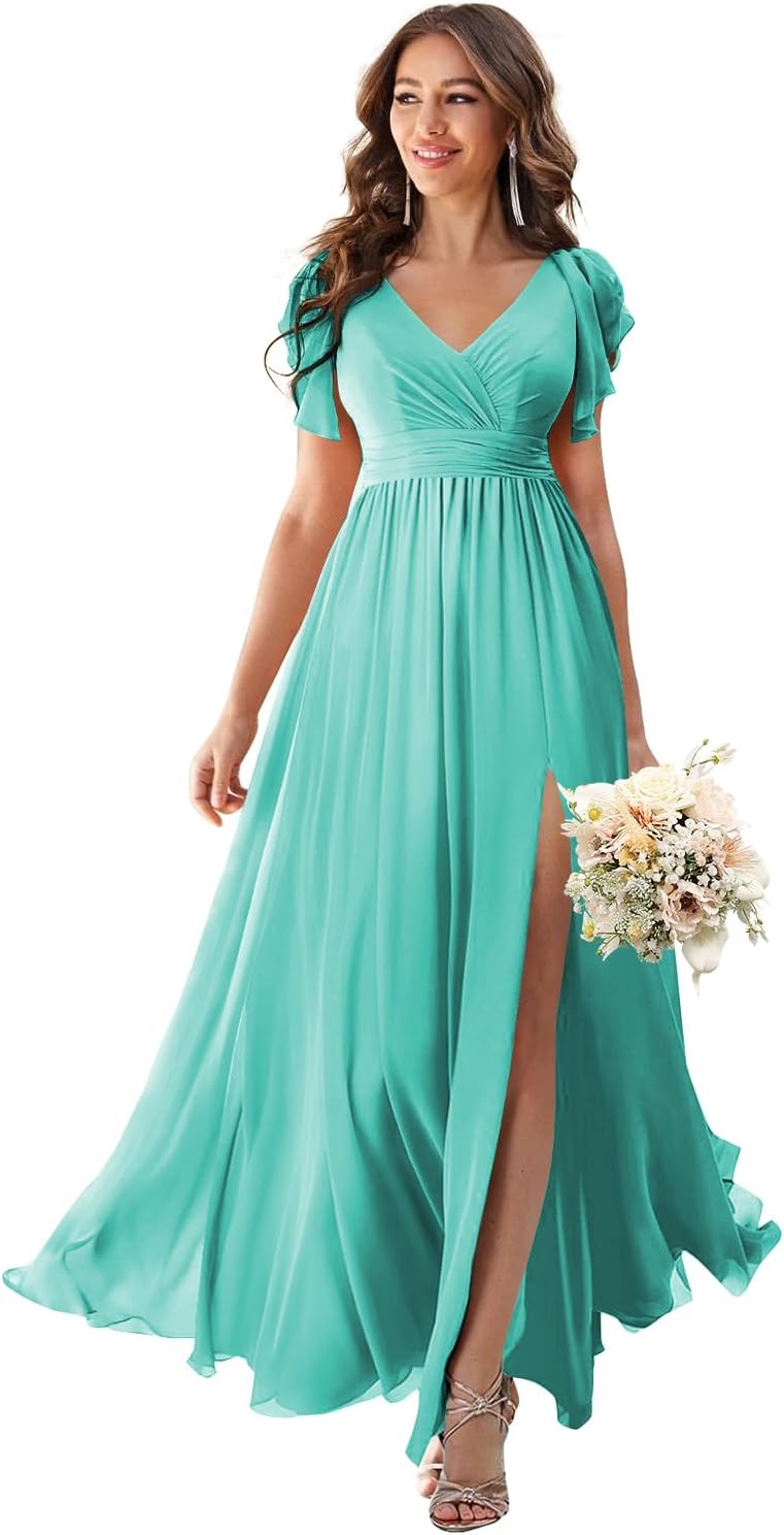 V Neck Flutter Sleeves Bridesmaid Dresses with Slit 2025 Chiffon Aline Pleats Formal Evening Gowns for Women