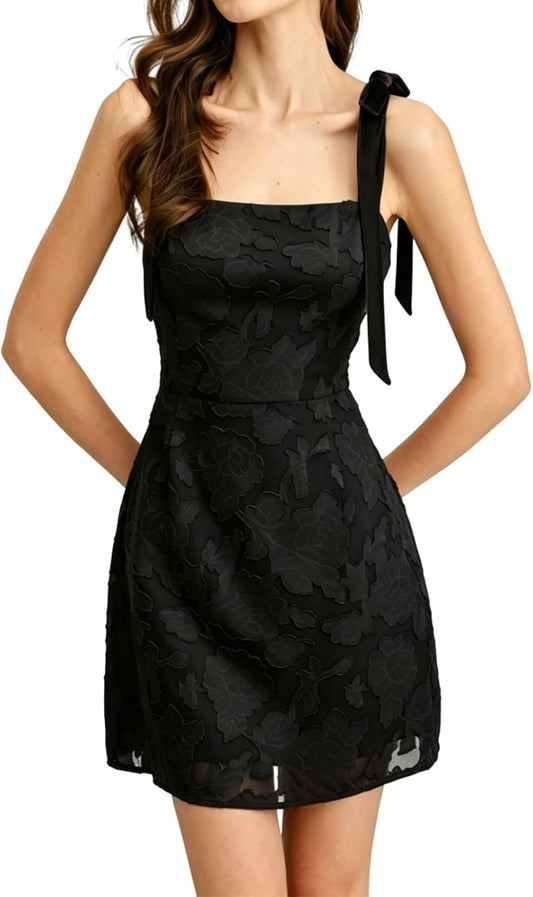 Floral Tie Strap Mini Dress for Women,A-line Mini Party Club Dress Cocktail Homecoming Short Dress