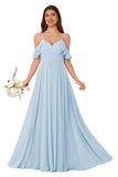 Women's Long Chiffon Bridesmaid Dresses Ruffle V Neck Formal Evening Prom Gown Spaghetti Strap Maxi Wedding Guest Dress