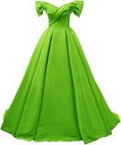 Off Shoulder Satin Prom Dresses for Women V-Neck Elegant A-Line Long Pleated Formal Evening Gown