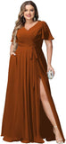 Plus Size Bridesmaid Dresses with Pockets V Neck Chiffon Flutter Sleeves Formal Evening Gowns with Slit