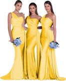 Women's One Shoulder Mermaid Bridesmaid Dresses Long Ruched Bodycon Satin Formal Prom Gowns