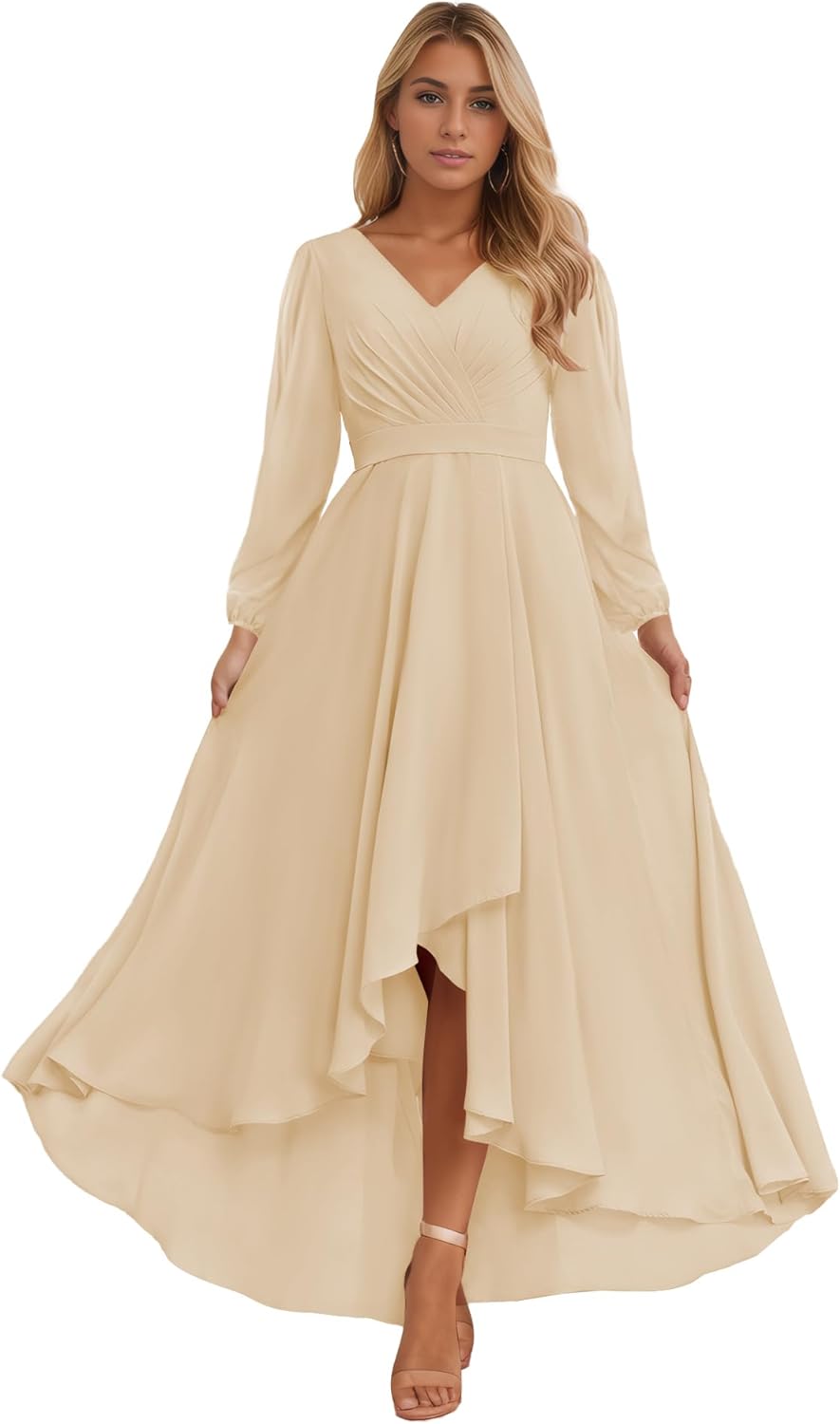Long Sleeve Bridesmaid Dresses for Women 2025 V Neck Ruched Chiffon Formal Dress