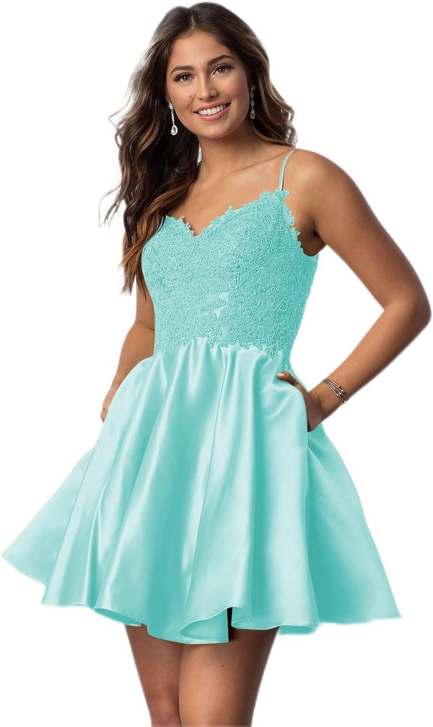 Vestidos cortos de fiesta con tirantes finos para jóvenes, con encaje, escote en V y bolsillos.