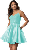 Vestidos cortos de fiesta con tirantes finos para jóvenes, con encaje, escote en V y bolsillos.